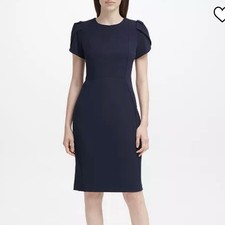 Calvin Klein Navy Blue Tulip Sleeve Stretch Crepe Sheath Dress Size 12
