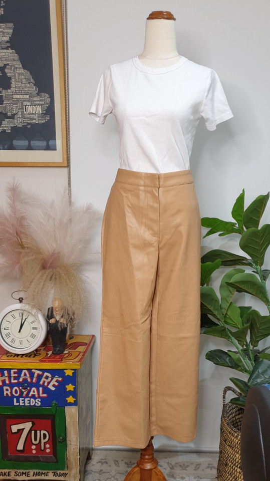 Bagatelle Size 12 Pants Tan Camel Faux Leather High Rise Wide Leg Crop Stretch