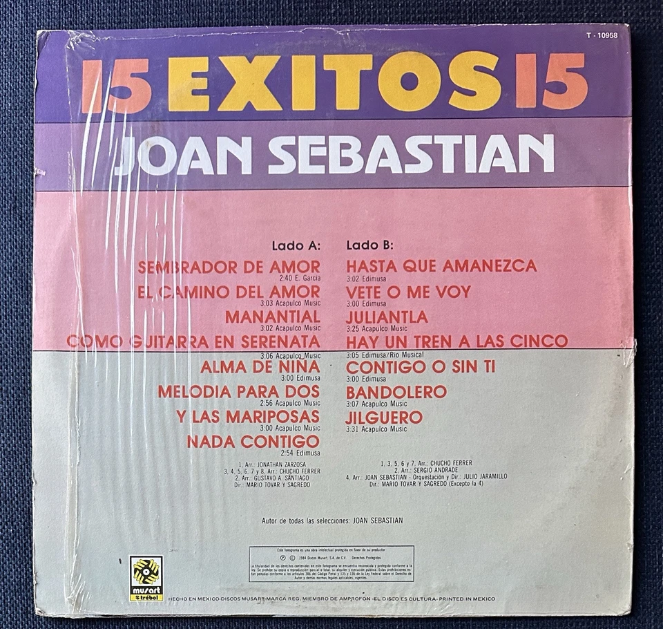 Joan Sebastián 15 Éxitos 15 LP Vinyl 1984 Trébol Musart T 10958 W/Shrink EX/EX - Image 2 of 4