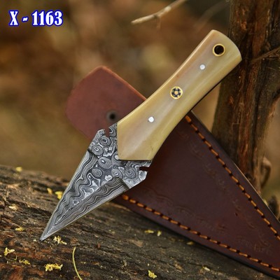 Handmade Damascus Knife Double Edged Blade Mini Dagger Boot Knife - Camel Bone