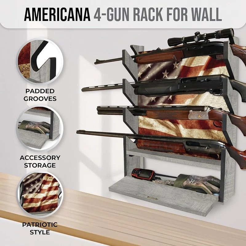 4-Gun Wall Rack American Flag Holder Gun Accessory Storage Padded Grooves New - Image 3 of 4