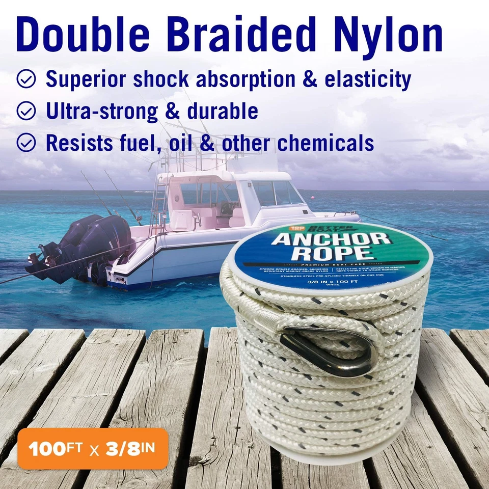 Cuerda de Anclaje de Barco Premium, 100 Pies Doble Trenzado Blanco Nylon Línea Marina, 3/8... Foto 4 de 4