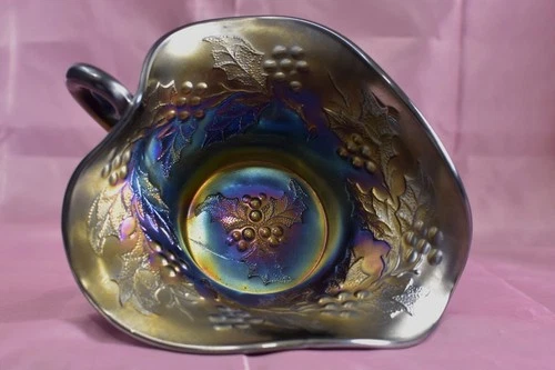 Dugan Electric Amethyst Carnival Glass Holly Berry Handled Nappy Bowl Candy Dish