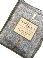 New The Original Morris & Co. 4 Pc Queen Sheet Set Blue Leaves Lux Cotton