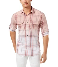 I.N.C Mens Plaid Button Up Shirt, Pink, Medium