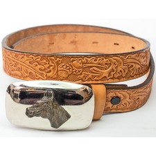Vintage Tooled Leather Belt Horse Buckle Top Grain Texas Western Acorns USA 28