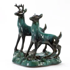 MCM Blue Mountain Pottery Deer Large Antlered Buck Doe Blue-Green Drip Glaze