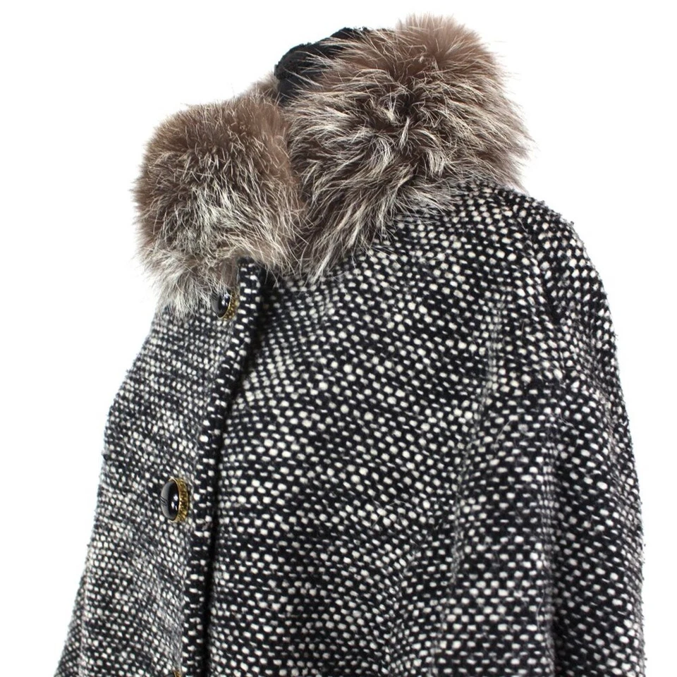 Abrigo Coach de piel de zorro con cuello manga abullonada negro blanco lana tweed chaquetón talla L Foto 3 de 4