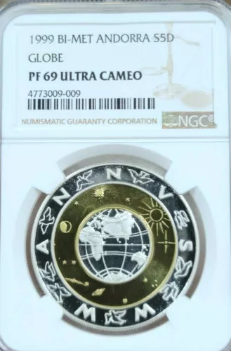 1999 ANDORRA SILVER 5 DINERS S5D BI METAL GLOBE NGC PF 69 ULTRA CAMEO TOP POP !