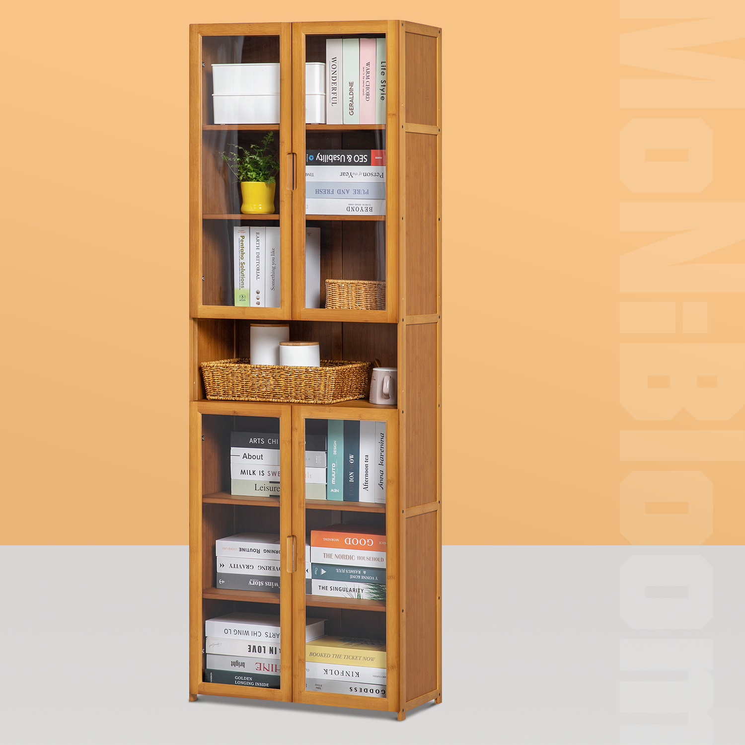 24" Bamboo Bookcase [ACRYLIC DOORS] Bookshelf Storage Organizer Display