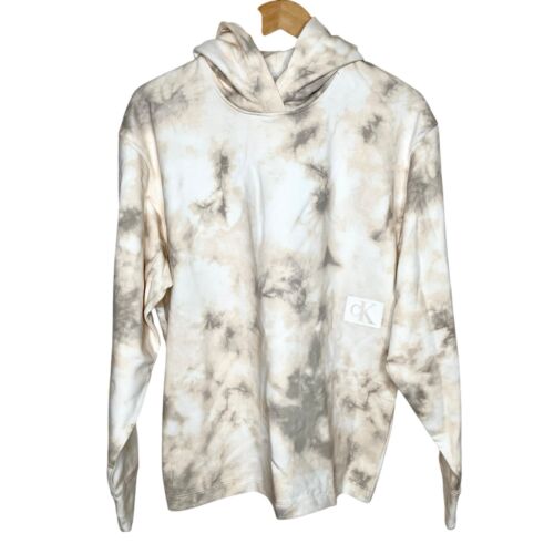 Calvin Klein Tie Dye Hoodie Sweatshirt Tan Womens Small Logo Hooded Pullover