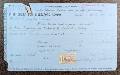 1898 G.W. Lucas Son & Wreford Brown Stock Exchange Bristol Kaufbeleg