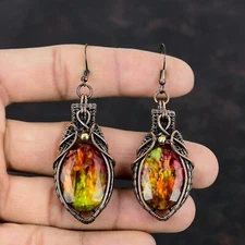 Ammolite Jewelry Copper Gift For Mum Wire Wrapped Drop/Dangle Earrings 2.95"