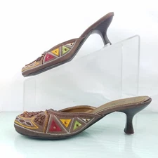 Liz Cole Calipso Womens Kitten Heel Slip on Mule SZ 6.5 M Brown Embellisments