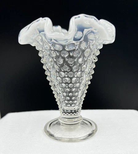 Fenton Glass Hobnail Mini 4" Ruffled Moonstone French Opalescent Trumpet Vase