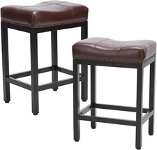Set of 2 Brown Counter Height Stools Bar Stools 24 inch Bar Leather Saddle Stool