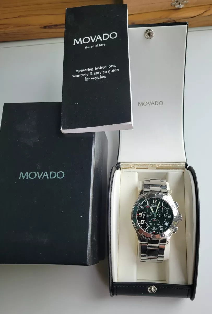 MOVADO Chronograph Model 84 R5 1890 S S Watch BLACK Dial NEW CELL w Box PAPER