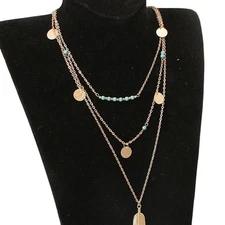 Multi Strand Boho Necklace w/ Feather Turquoise Pendant Necklace Vintage Choker