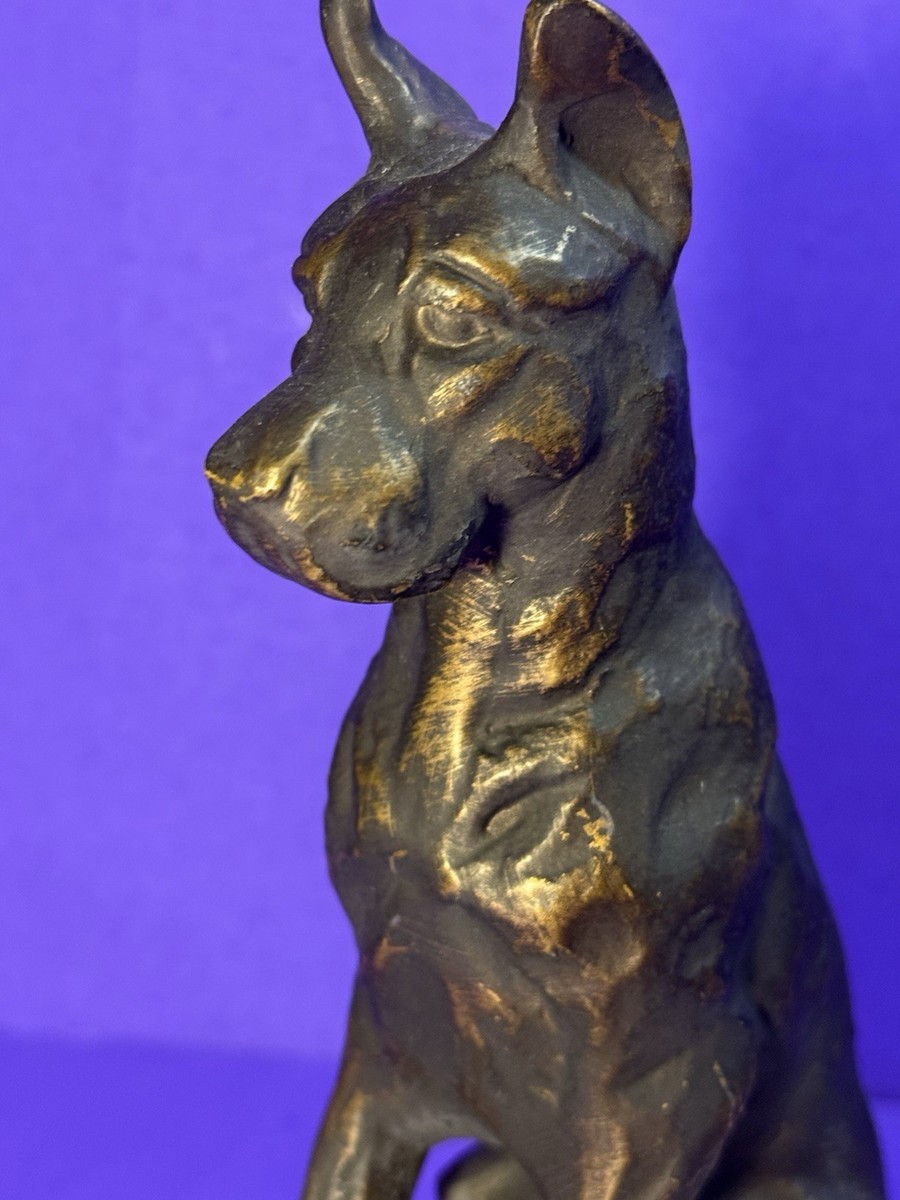 Dog Great Dane Statue Cast Metal Art Sculpture White Marble Base