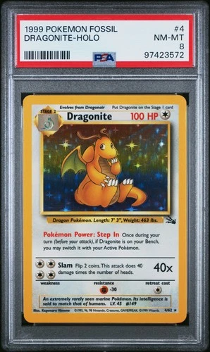 1999 POKEMON FOSSIL #4 DRAGONITE-HOLO PSA 8