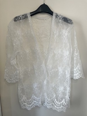 Damen-Kimono Cardigan weiß bestickt Spitze transparent Braut Hochzeit Überwurf