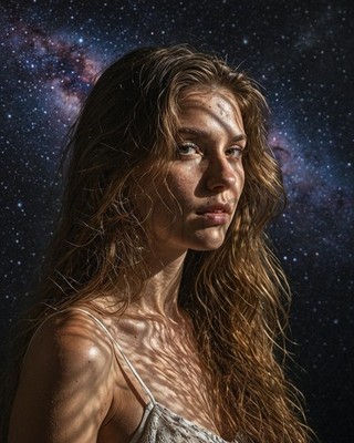 Woman Stars Galaxy Night Sky Wet Hair Portrait Fantasy Art Print