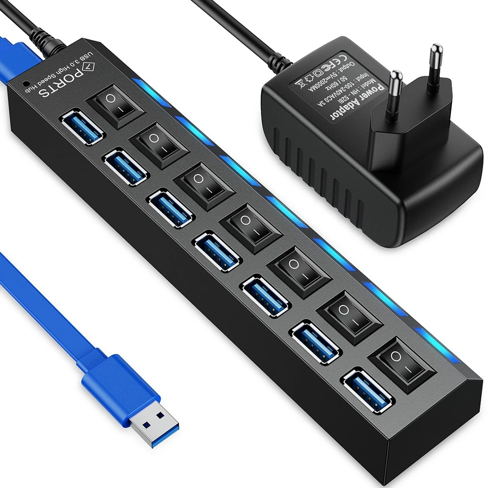 Hub USB 3.0 4/7 puertos adaptador divisor con fuente de alimentación activa distribuidor para PC portátil - Imagen 2 de 4