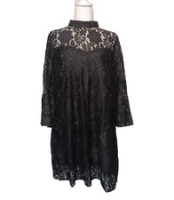 L & B women black lace mini dress high neck bell sleeves lined floral romantic L