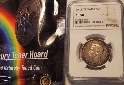 1943 Canada 50C Silver Half Dollar NGC AU58 Treasury Toner Hoard Toned