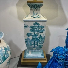 Porcelain Table Lamp Blue Teal Willow with Gold Base-33''H