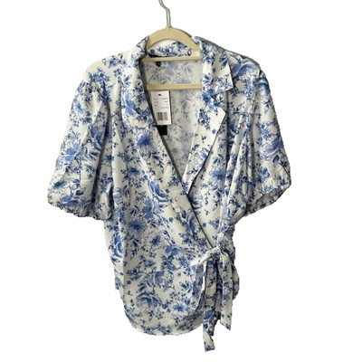 Violets & Roses Oprah Wrap Blouse Puff Sleeves Peplum Floral White Blue 2X NWT