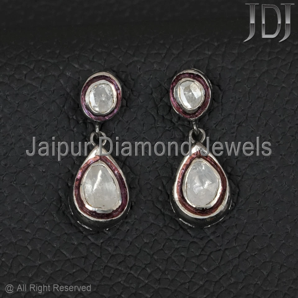 Natural Rosecut Polki Diamond 925 Sterling Silver Handmade Jewelry Earring - Image 3 of 4