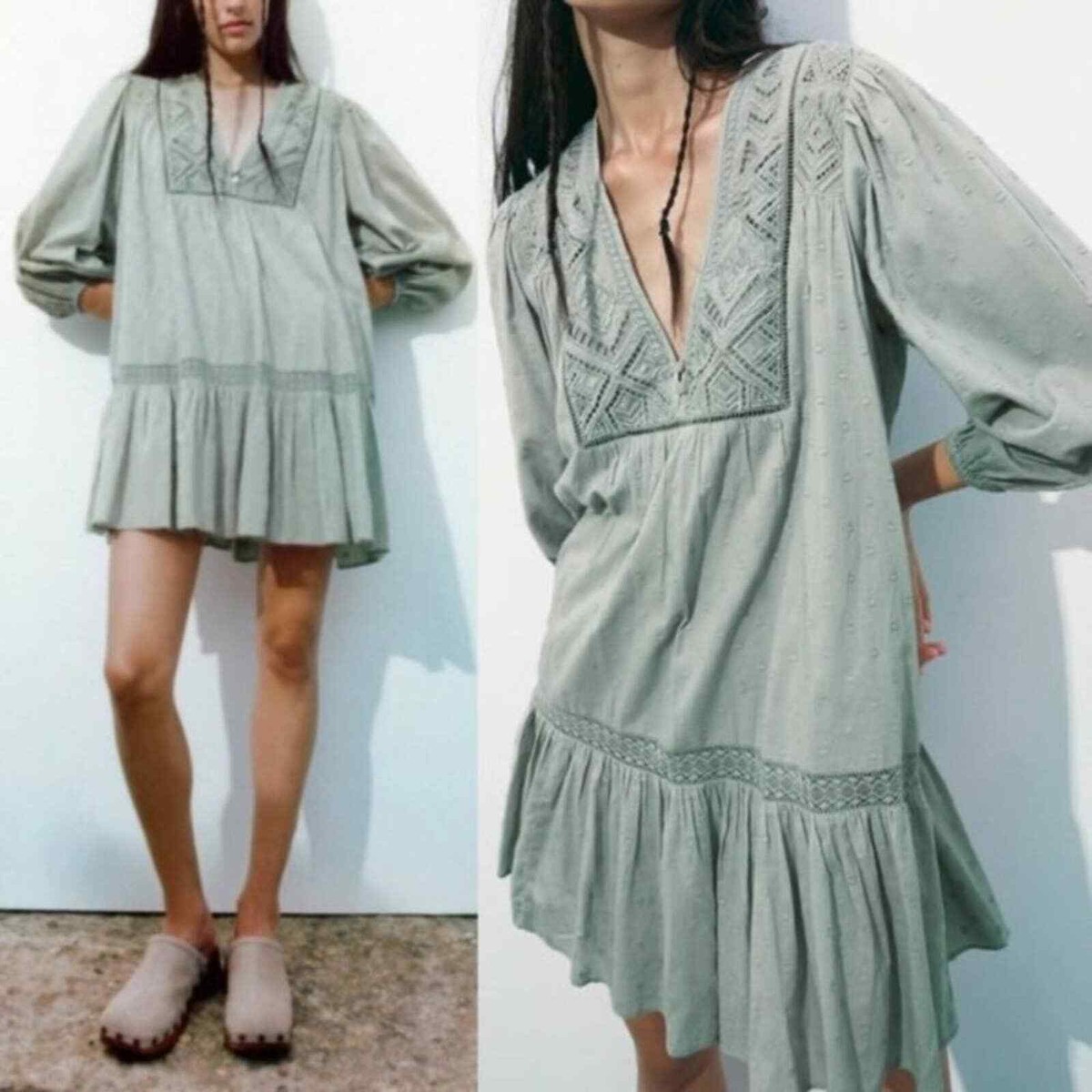 Zara Openwork Embroidery V-Neck Mini Dress Size XS Sage Ruffled Hem