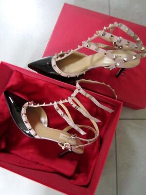 $1100 Valentino Garavani Black Patent Blush Leather Pumps 39.5 Rockstud Caged