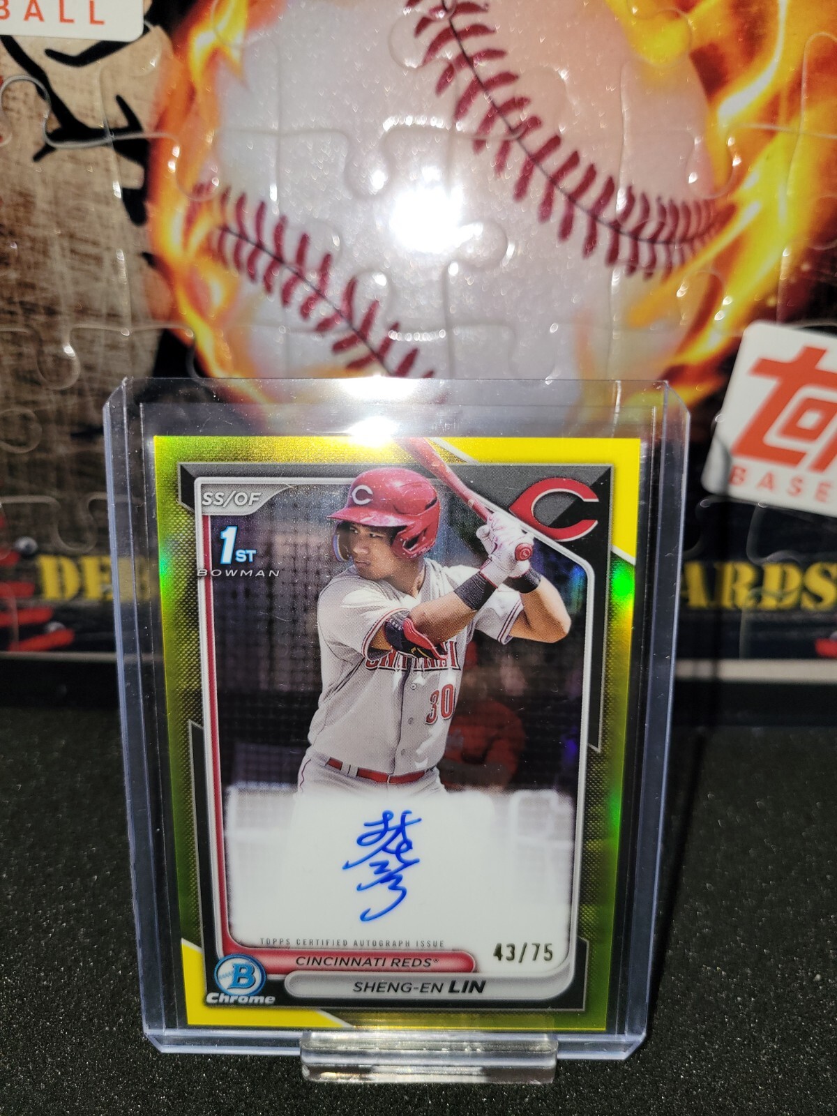 2024 Bowman Chrome Sheng En Lin Auto 43/75 Yellow Refractor #255 Reds 1st Bowman