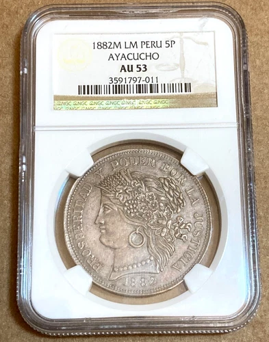 1882 Peru 5 Pesetas Ayacucho NGC AU53 1880 1881 cinco lima reales pasetas chile
