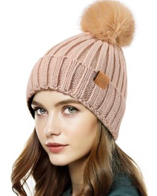 Womens Winter Beanie Hat Fleece Lined Warm Skull Cap with Faux Fur