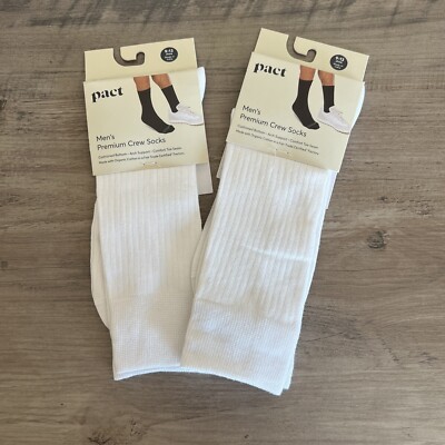 PACT Premium Crew Socks Men s Size 9-13 White 2 Pair Organic Cotton New With Tag