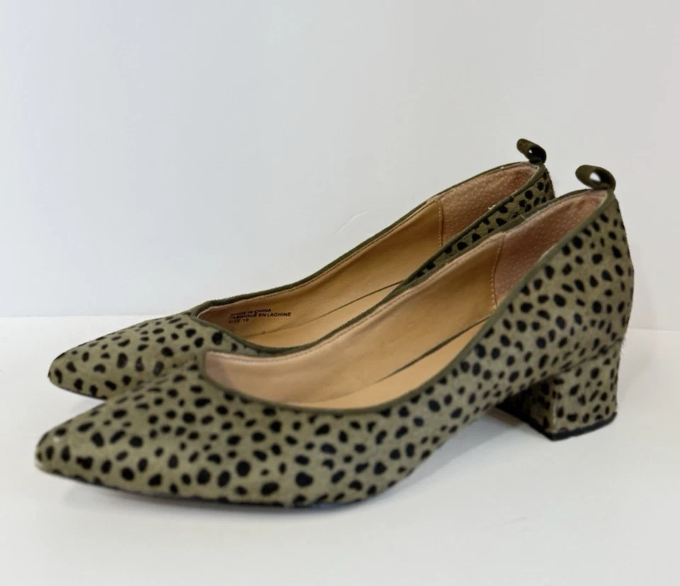 Anthropologie Talla 10 Verde Negro Leopardo Estampado Animal Pelo de becerro Punta Tacones Foto 2 de 4