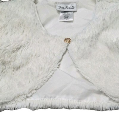 Jona Michelle Cropped Faux White Fur Shrug, Elastic loop-Button Close Size 7