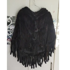 Black mink poncho knitted shawl  coat cape fringe