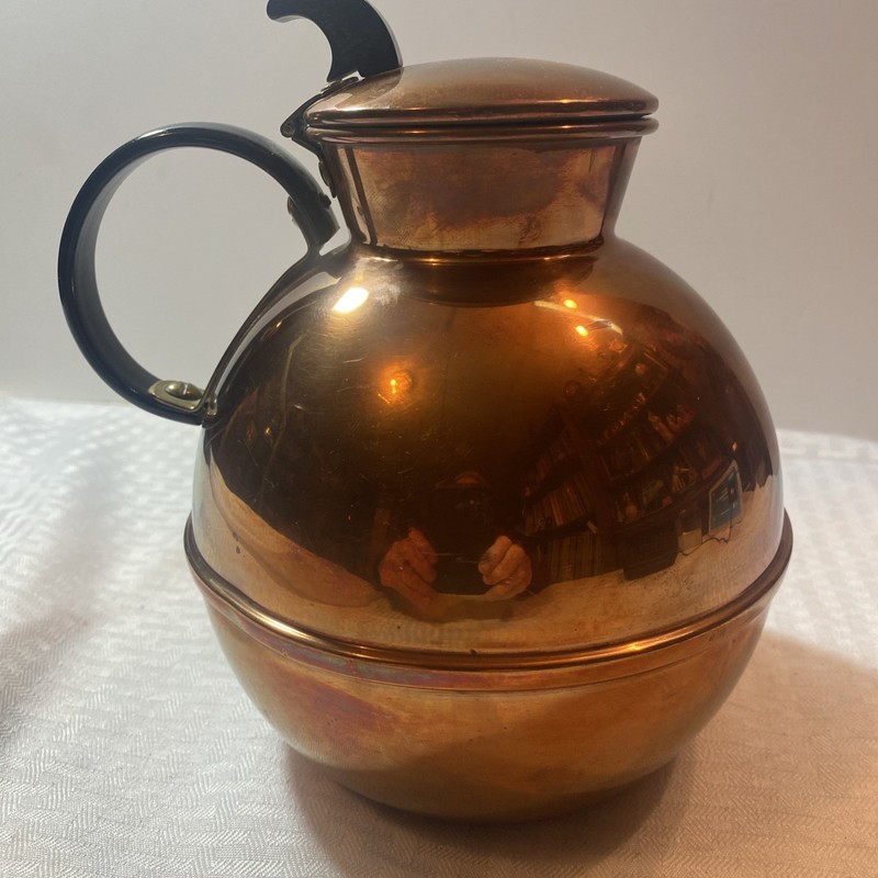 Vintage Collectible Copper Teapot Carafe Warmer Hinged Lid Black Handle