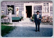 Vtg Color Snapshot Elderly Man Suit Hat Outside Building Storefront Bicycle