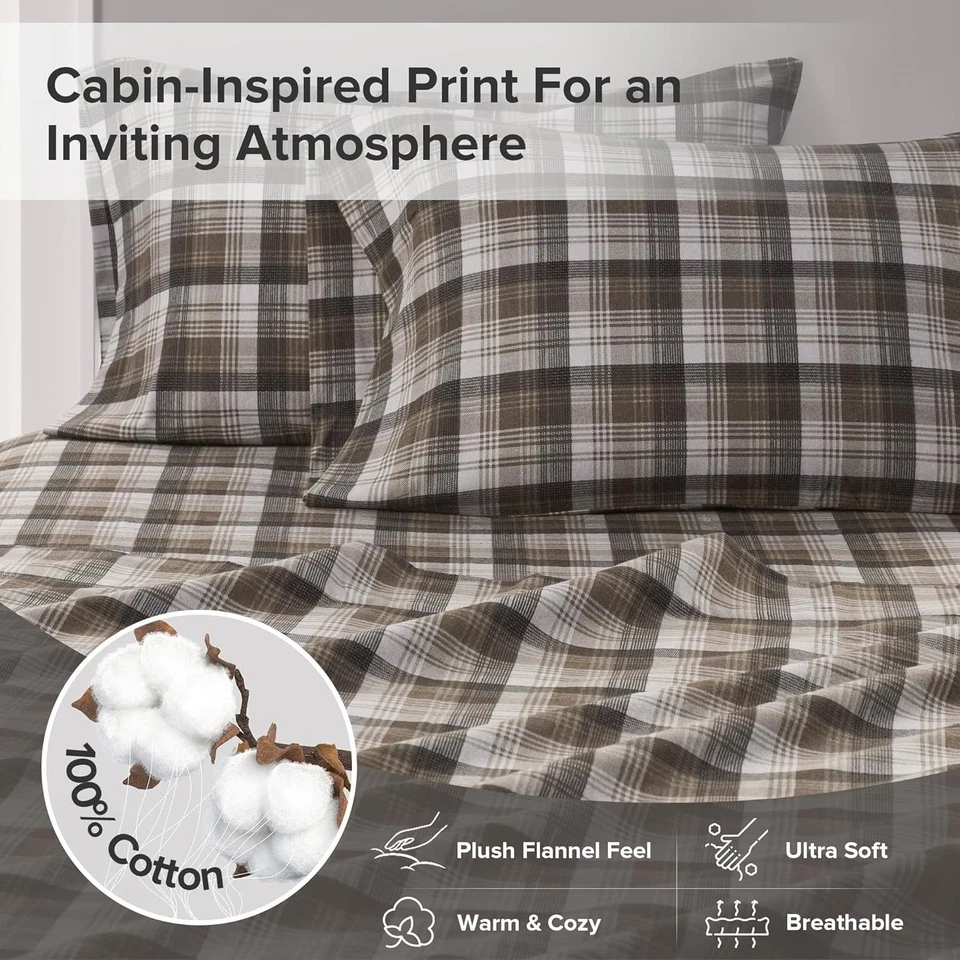 Juego de sábanas de franela Woolrich Queen 4 piezas marrón a cuadros 100 % algodón juego de cama cálido Foto 3 de 4