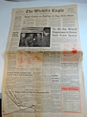 Moon Landing News Paper July 25th 1969 Safe from Space Wichita Eagle A+