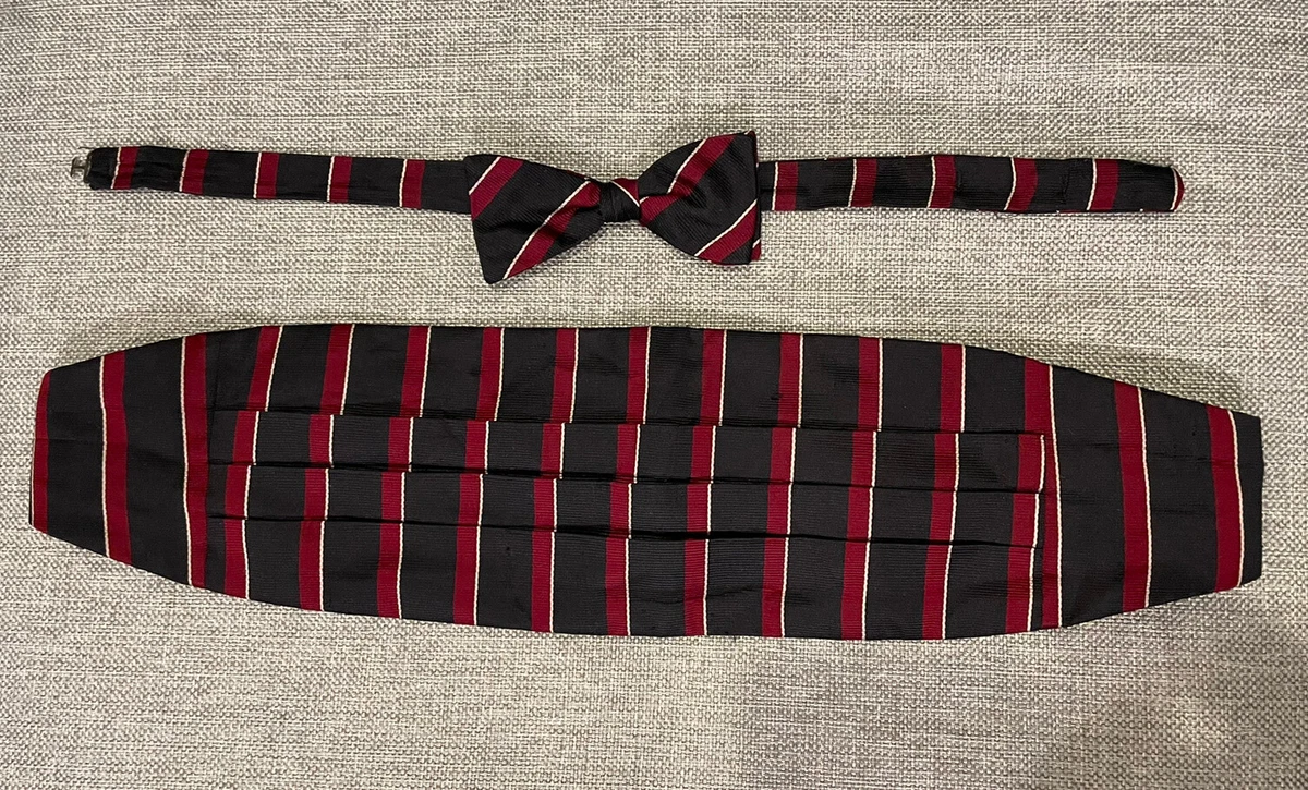 CHRISTIAN DIOR Silk Striped Bow Tie Cummerbund Black Dark Red Made In USA