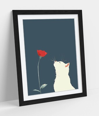 WEISSE KATZE MIT ROTER BLUME KUNSTWERK - GERAHMTES WANDBILD POSTER PAPIERDRUCK