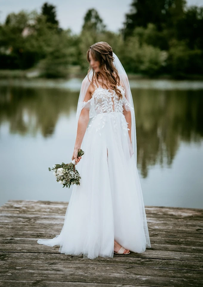 Hochzeitskleid - A-Linie in Ivory weiß - Glitzertüll, 3D-Spitze, Spaghettiträger - Bild 2 von 4