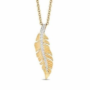 Authentic Feather Pendant Free Chain 14K Yellow Gold Plated Pocahontas Simulated Diamond