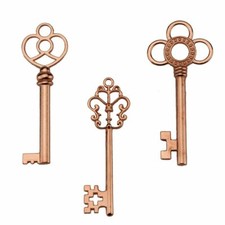 3 Large Skeleton Key Pendants Rose Gold Tone 2.5" Steampunk Supply 2 Sided